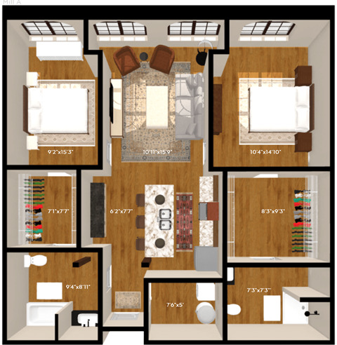 Floor plan for 2 beds, 2 baths, 1112 sqft